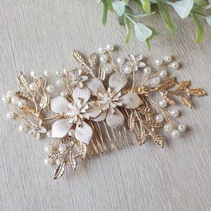 Bridal Rhinestone and Pearl Flower Hair Combs Gold and Pink Flower Hair Combs